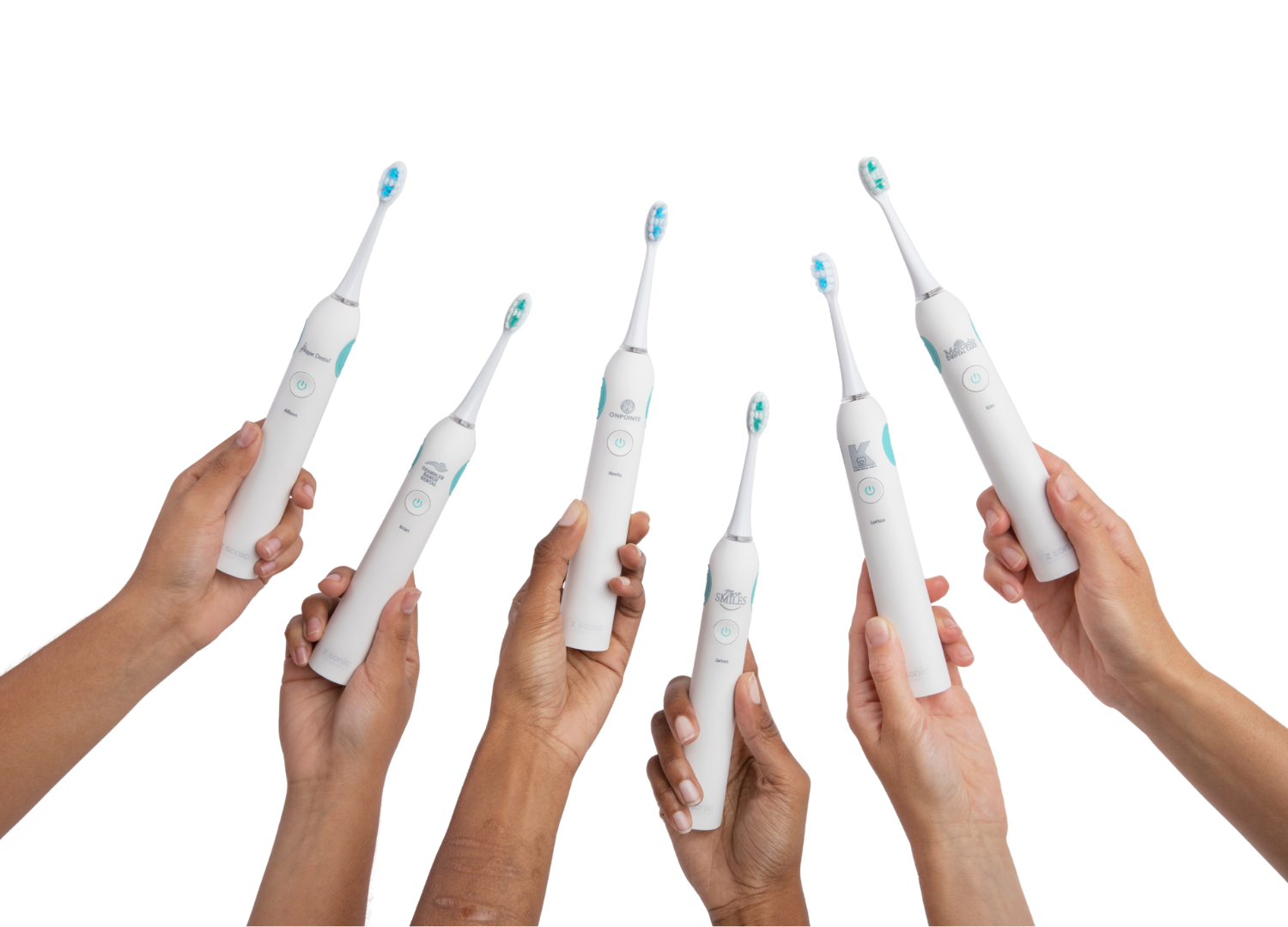 Z Sonic Pulse sonic toothbrushes held in a lineup of hands