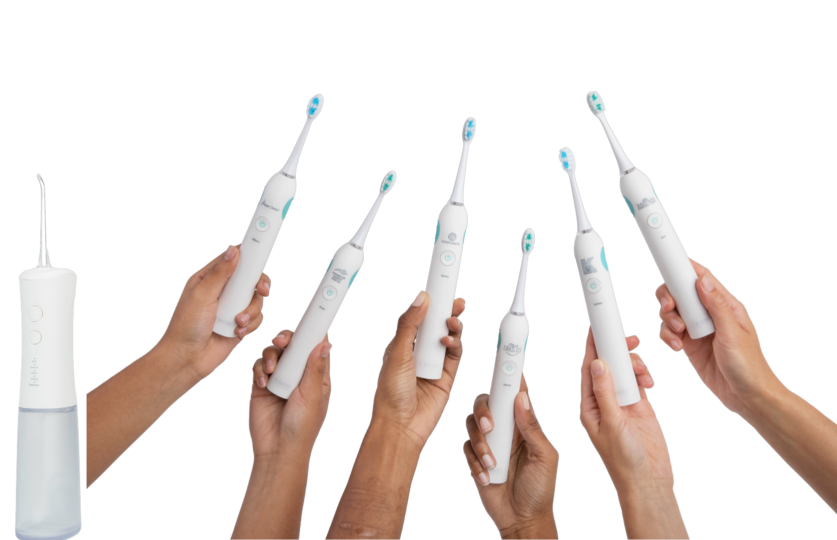 Z Dental water flosser and Z Sonic Pulse sonic toothbrushes held up in a lineup of hands